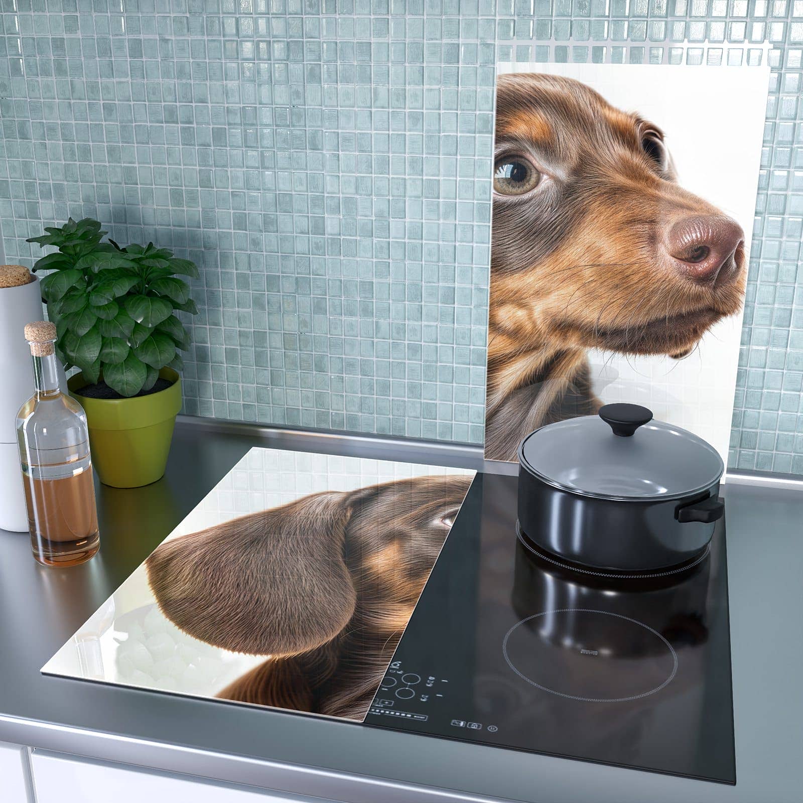 2-teilige Herdabdeckung mit Niedlicher Hund-Motiv als Spritzschutz hinter dem Kochfeld