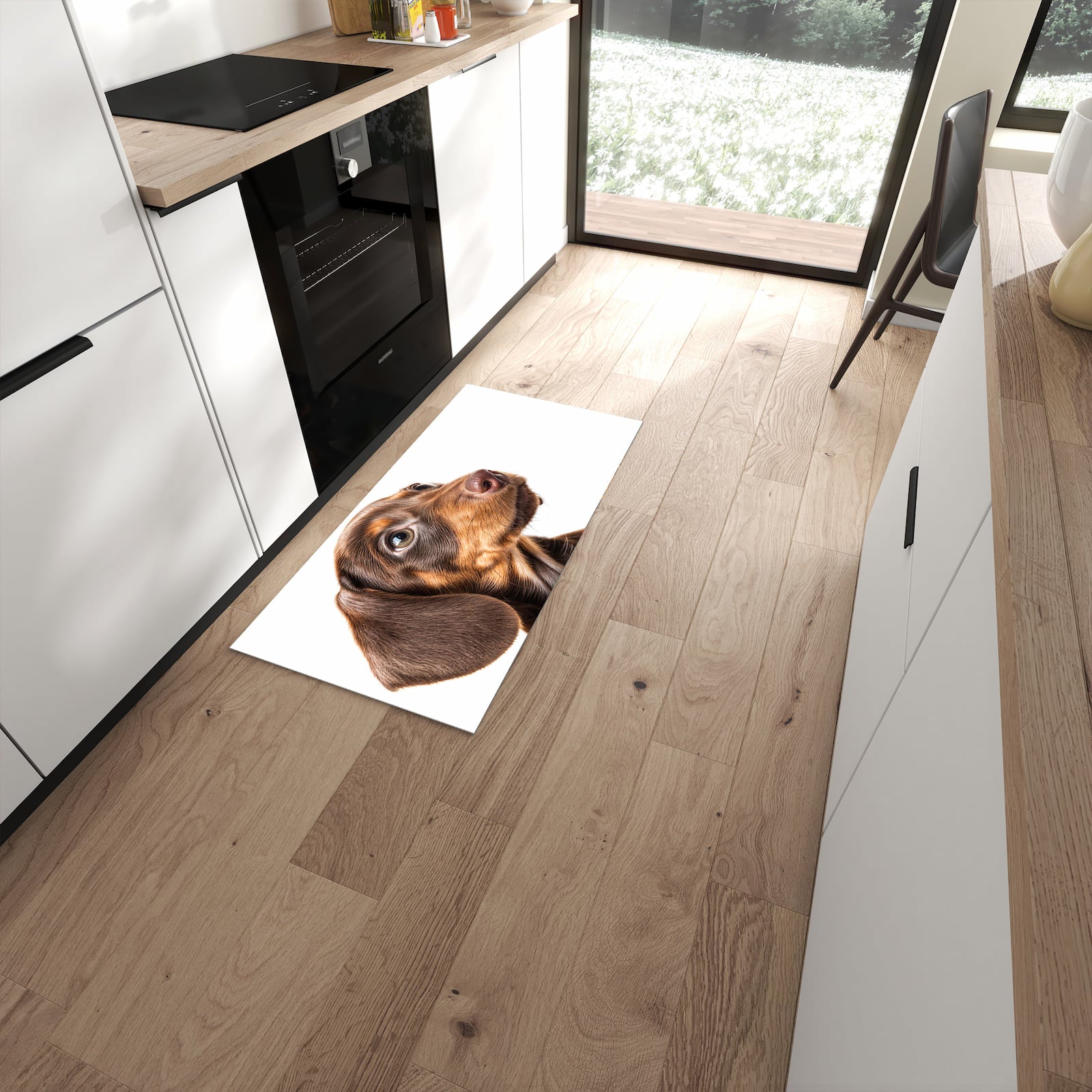 Farbbeständiger rutschfester Küchenläufer mit Motiv Niedlicher Hund in moderner Küche #grösse_60 x 120 cm