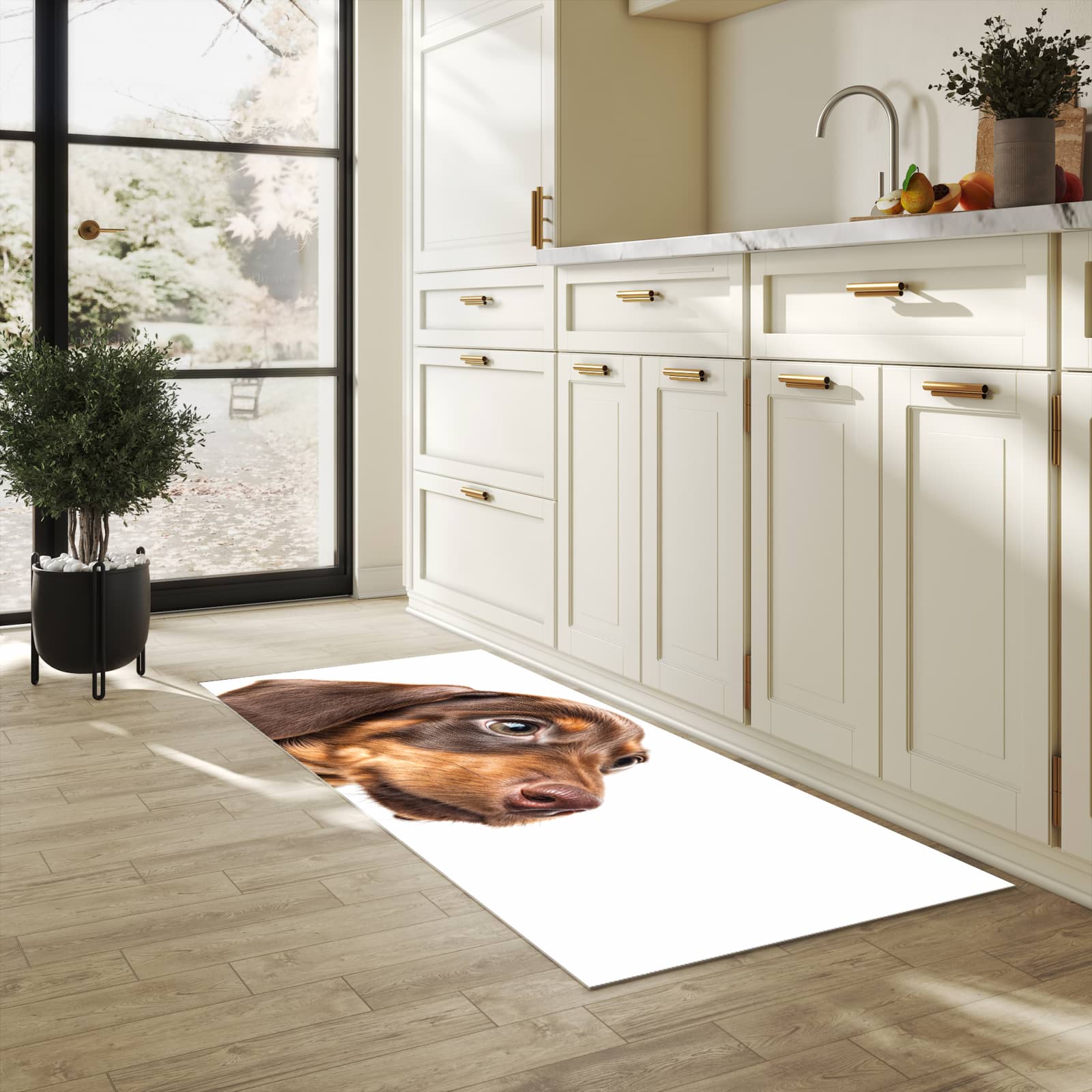 Komfortabler moderner Küchenläufer mit Motiv Niedlicher Hund in heller Küche