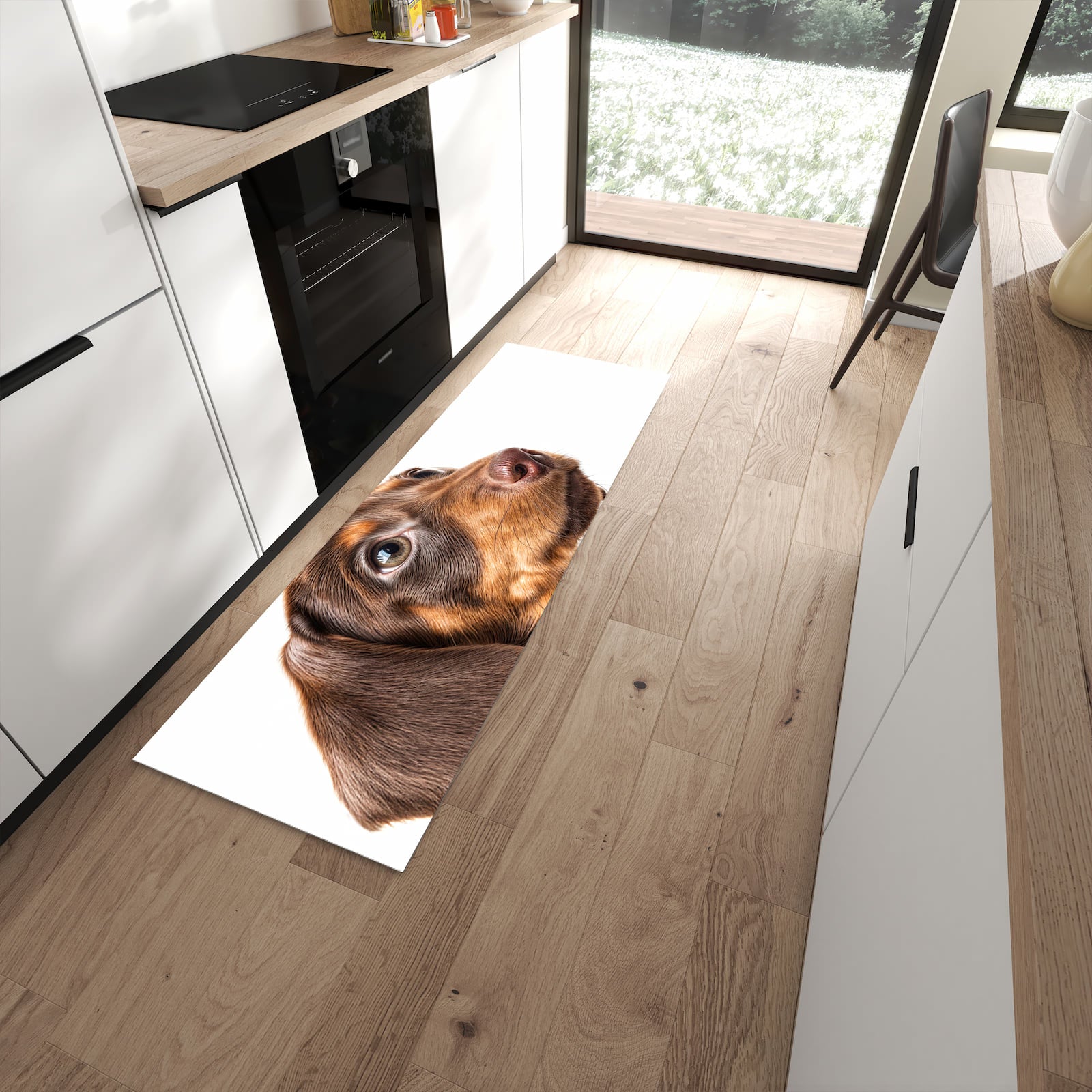 Waschbarer Küchenläufer mit Motiv Niedlicher Hund in moderner Küche für sicheres Aufbewahren