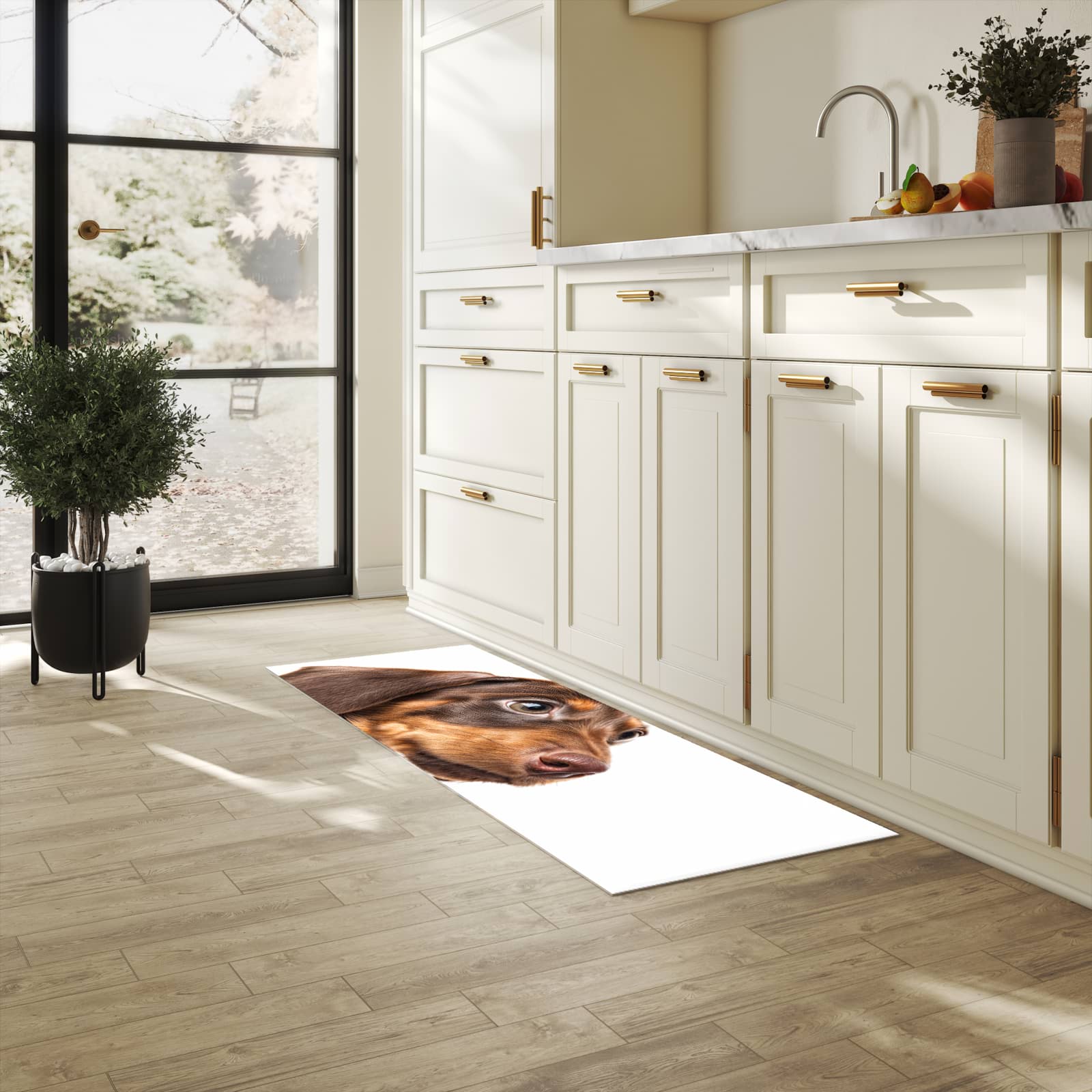 Schmutzabweisender Küchenläufer mit Motiv Niedlicher Hund in heller Küche