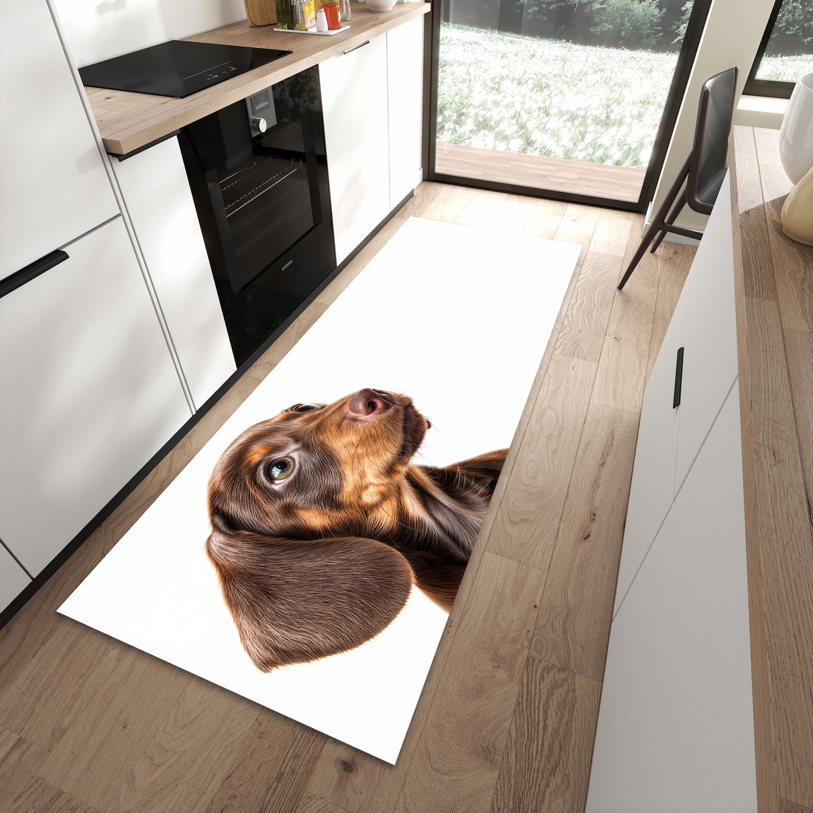 Langlebiger Küchenteppich mit Motiv Niedlicher Hund in moderner Küche