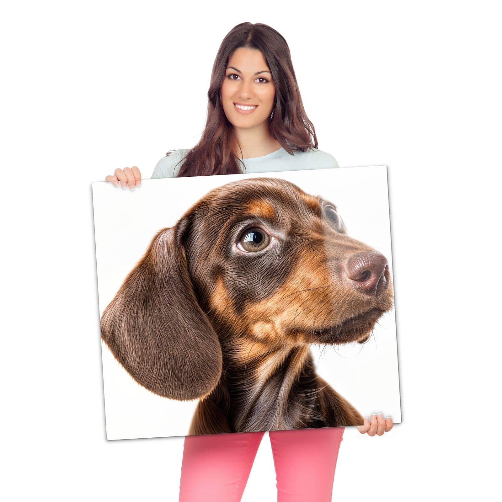 Abdeckung für Herdplatten mit Niedlicher Hund-Motiv wird zur Größendarstellung gehalten