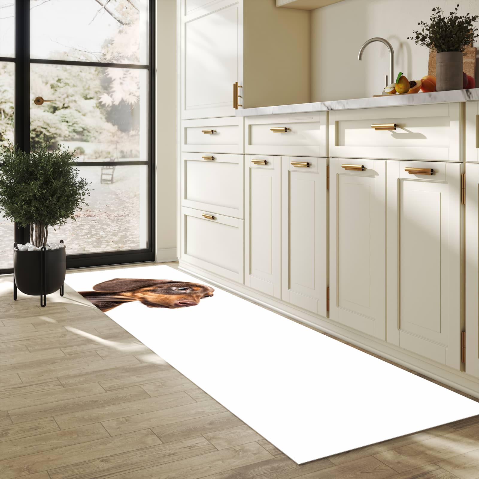 Komfortabler Küchenläufer mit Motiv Niedlicher Hund in heller Küche