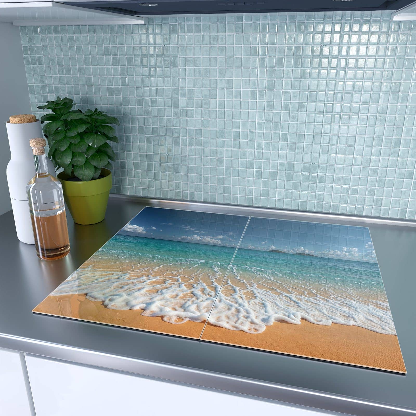 2-teilige Herdabdeckplatte aus Glas mit Wellen am Sandstrand-Motiv auf dem Ceranfeld