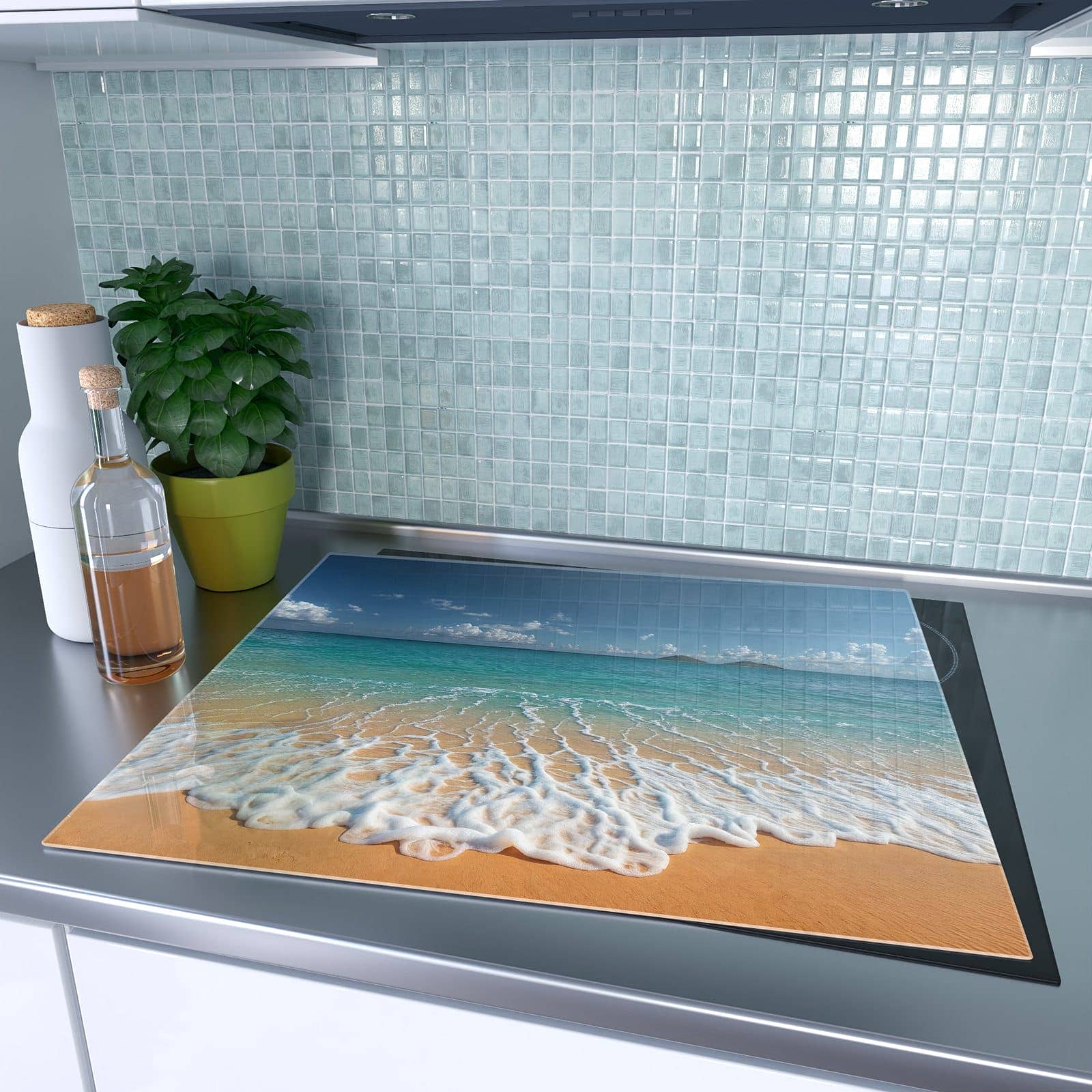1-teilige Herdabdeckplatte mit Wellen am Sandstrand-Motiv auf dem Ceranfeld
