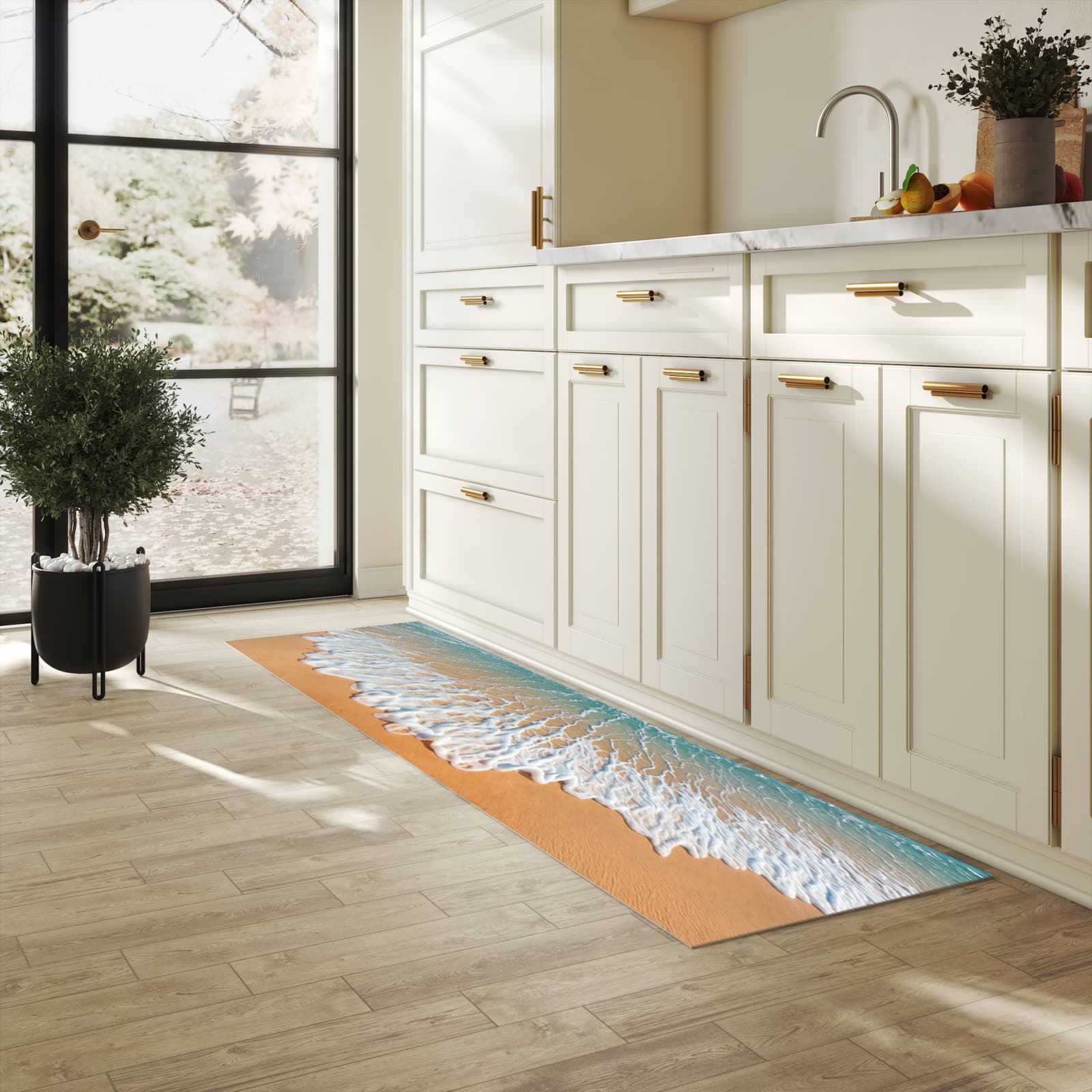 Küchenteppich mit Motiv Wellen am Sandstrand für Ordnung in heller Küche