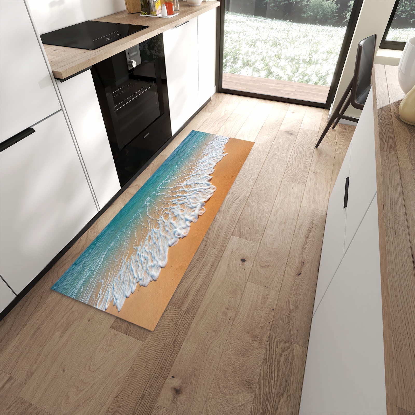 Rutschfester Küchenteppich mit Motiv Wellen am Sandstrand in moderner Küche - leicht zu reinigen