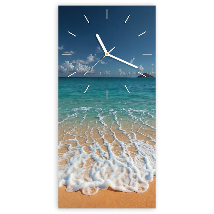 Wanduhr Wellen am Sandstrand aus Glas – Hochformat 30 × 60 cm mit Ziffernblatt Linie