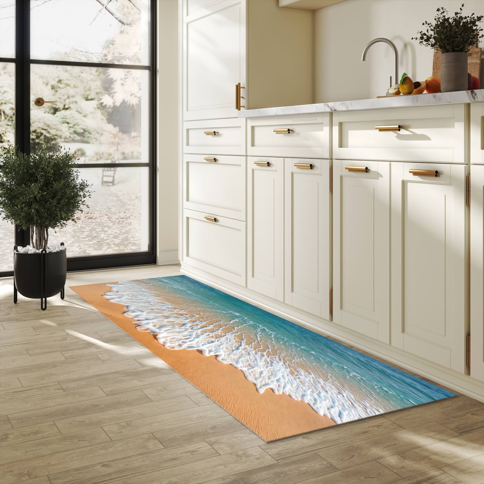 Zeitsparender waschbarer Küchenteppich mit Motiv Wellen am Sandstrand in heller Küche