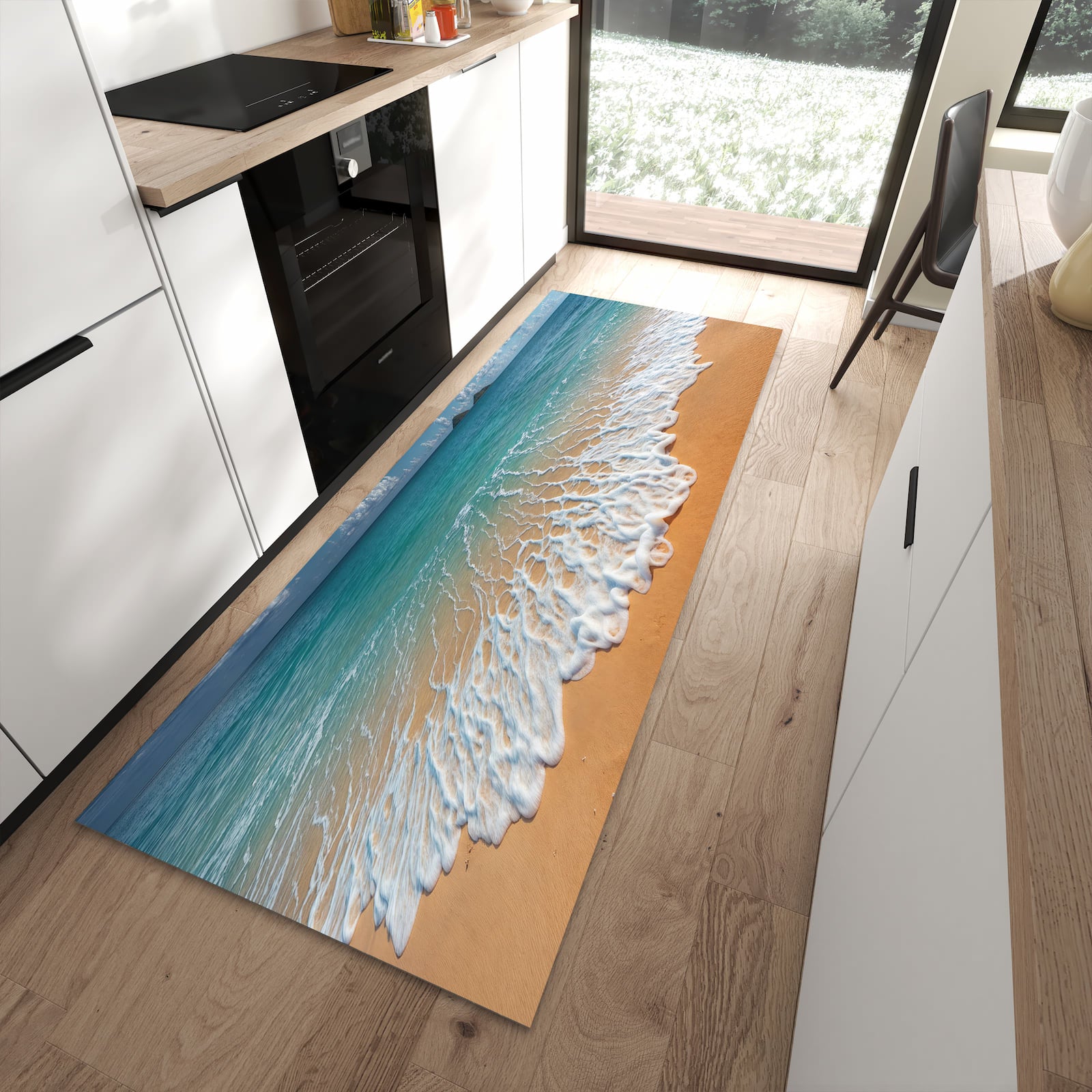 Bodenschonender Küchenläufer mit Motiv Wellen am Sandstrand in moderner Küche
