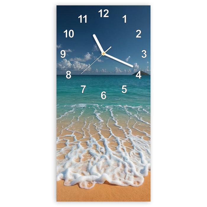Wanduhr Wellen am Sandstrand aus Glas – Hochformat 30 × 60 cm mit Ziffernblatt Modern