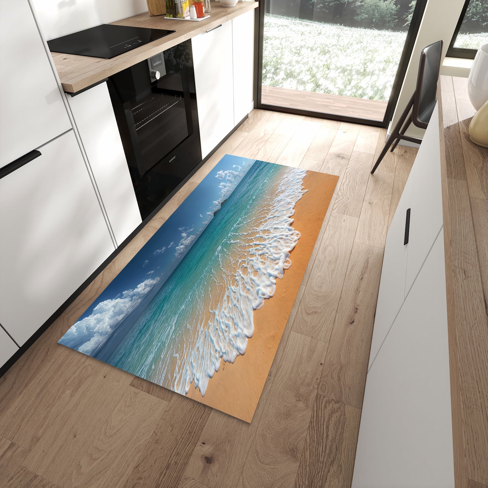 Waschbarer Küchenläufer mit Motiv Wellen am Sandstrand für Ordnung in moderner Küche