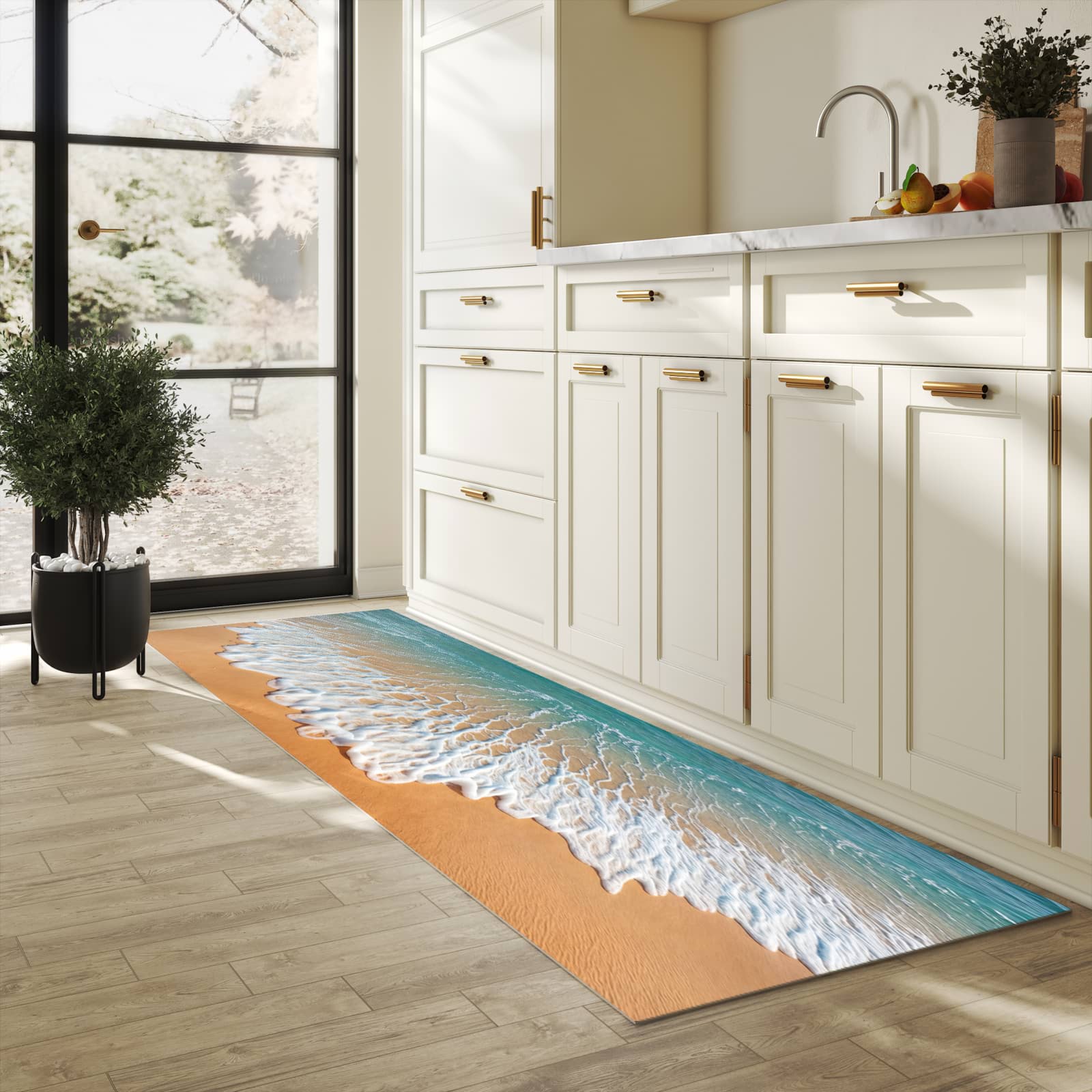 Geräuschdämpfender Küchenläufer mit Motiv Wellen am Sandstrand in heller Küche
