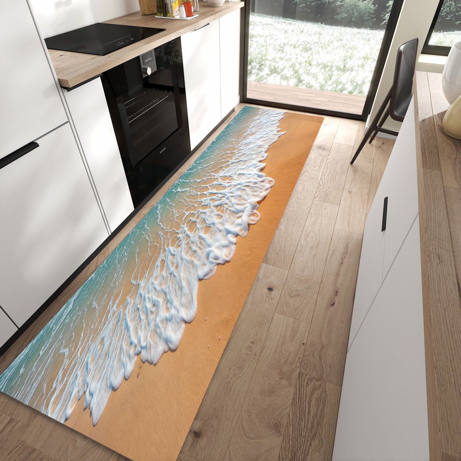 Bodenschonender Küchenläufer mit Motiv Wellen am Sandstrand in moderner Küche
