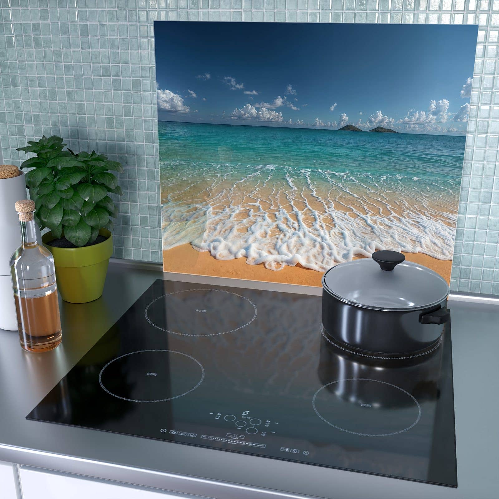 1-teilige Herdabdeckplatten mit Wellen am Sandstrand-Motiv als Spritzschutz hinter dem Kochfeld