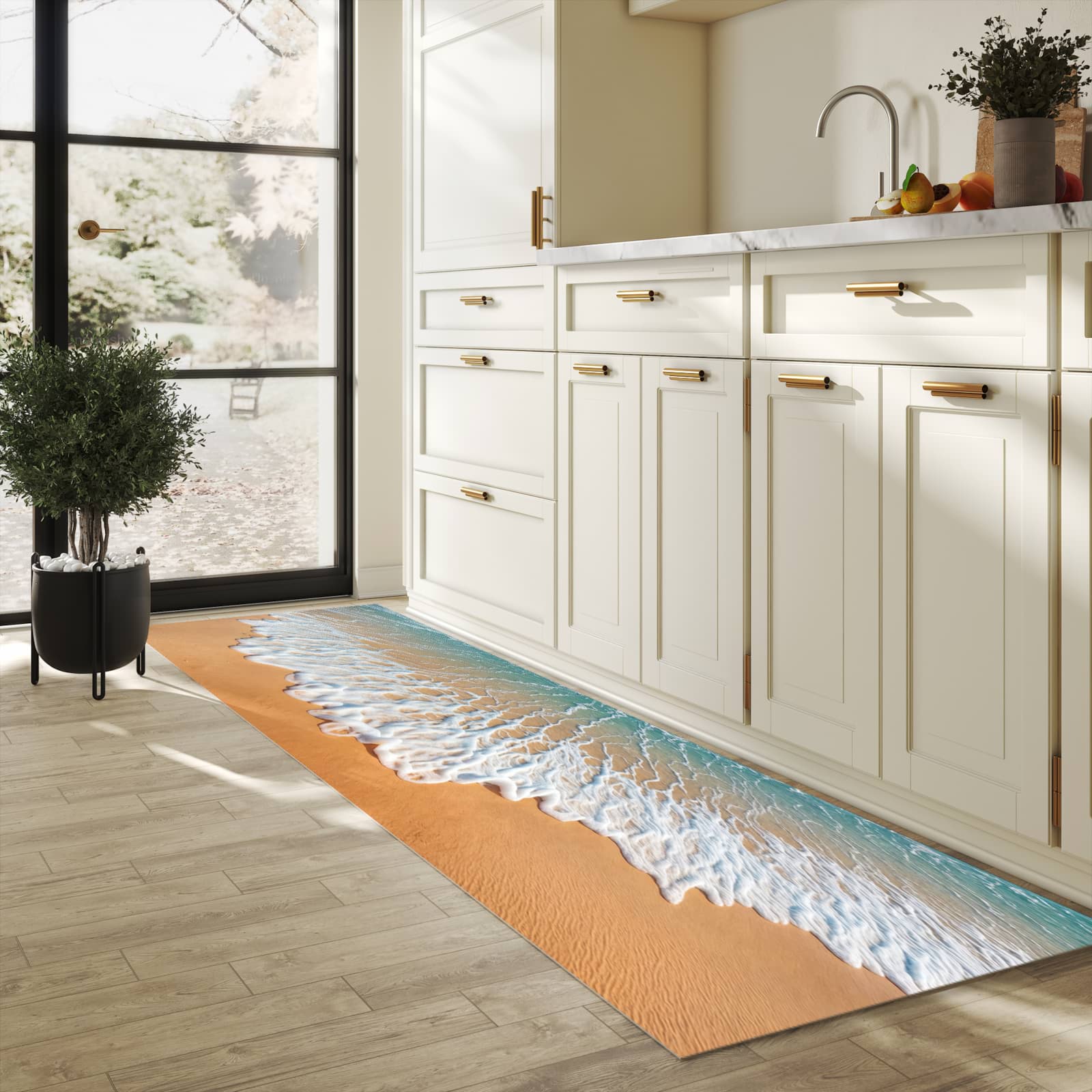 Abriebfester Küchenläufer mit Motiv Wellen am Sandstrand in heller Küche