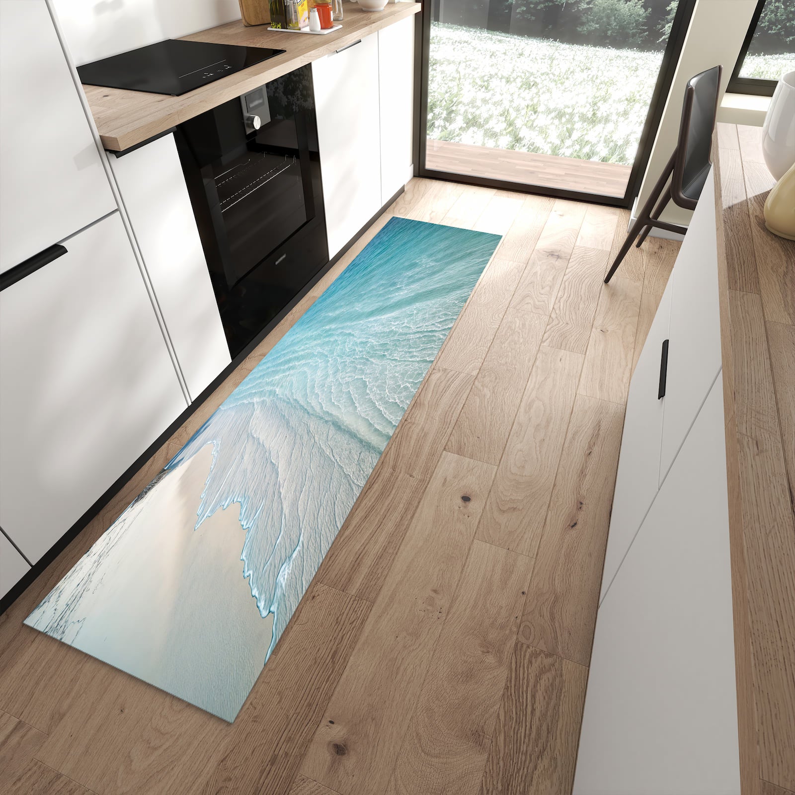 Abriebfester rutschfester Läufer mit Motiv Strandurlaub in moderner Küche