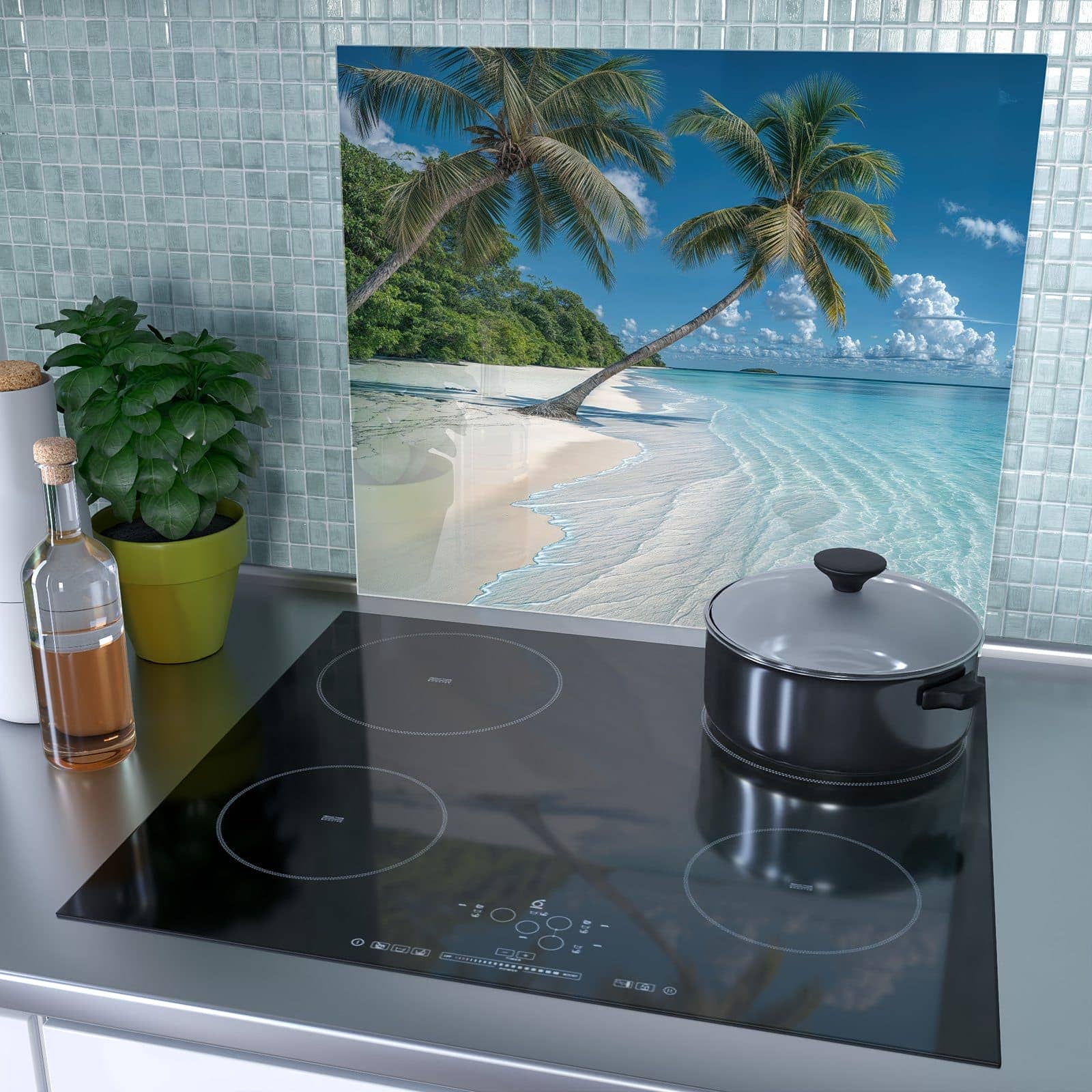 1-teilige Herdabdeckplatte mit Strandurlaub-Motiv als Spritzschutz hinter dem Kochfeld