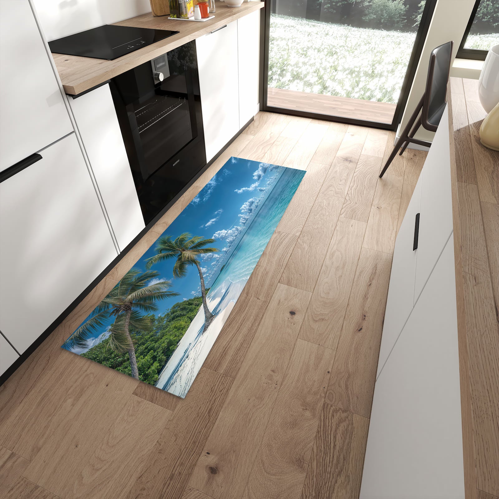 Geräuschdämpfender Läufer mit Motiv Strandurlaub für Eingangsbereich in moderner Küche