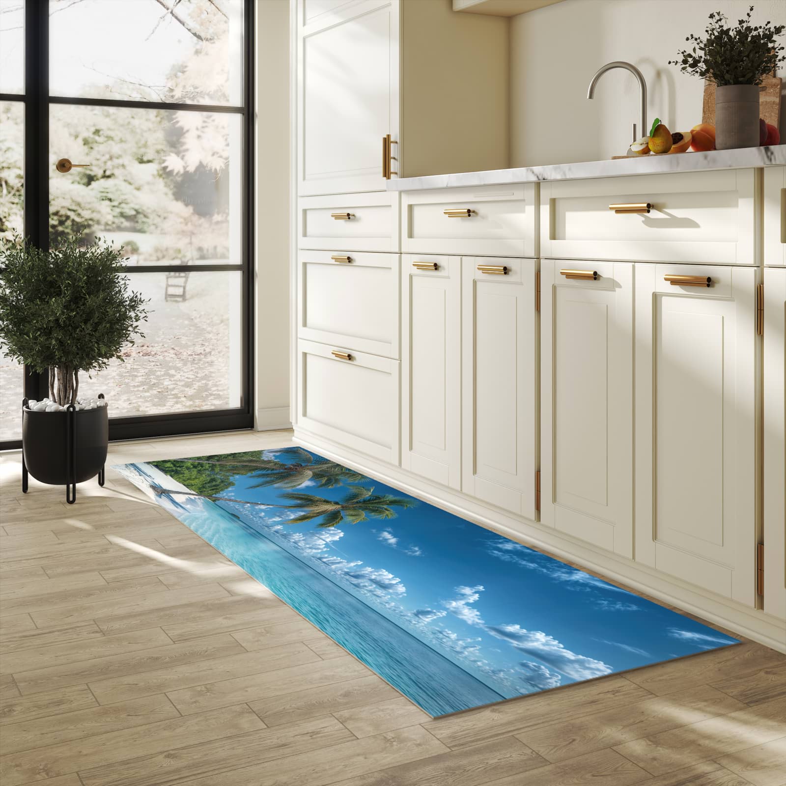 Küchenteppich mit angenehmer Haptik und Motiv Strandurlaub in heller Küche, waschbar
