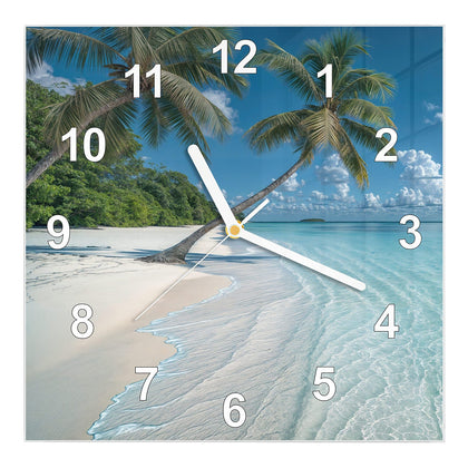 Wanduhr Quadratisch mit dem Motiv Zwei Palmen am Meer