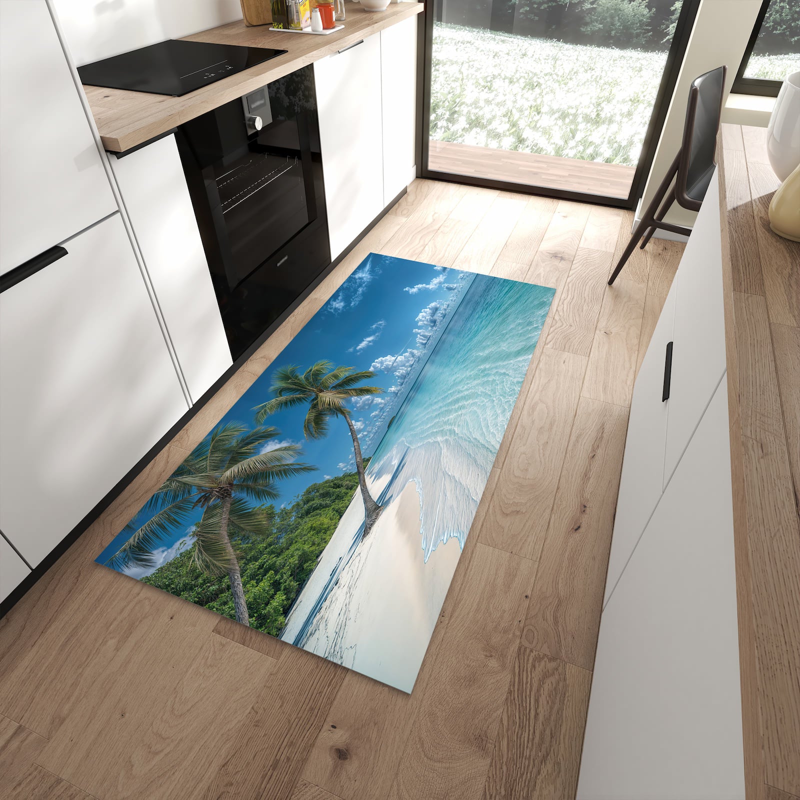 Flacher Bodenläufer mit Motiv Strandurlaub in moderner Küche