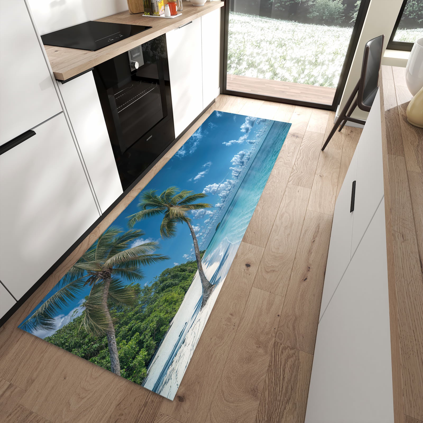 Schmutzabweisender Teppich für Esstisch mit Motiv Strandurlaub in moderner Küche