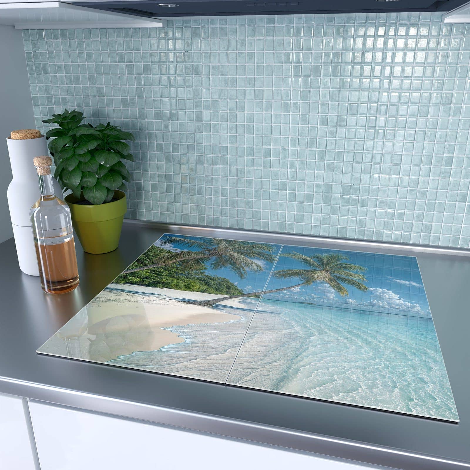2-teilige Ceranfeld Abdeckplatten mit Strandurlaub-Motiv auf dem Ceranfeld