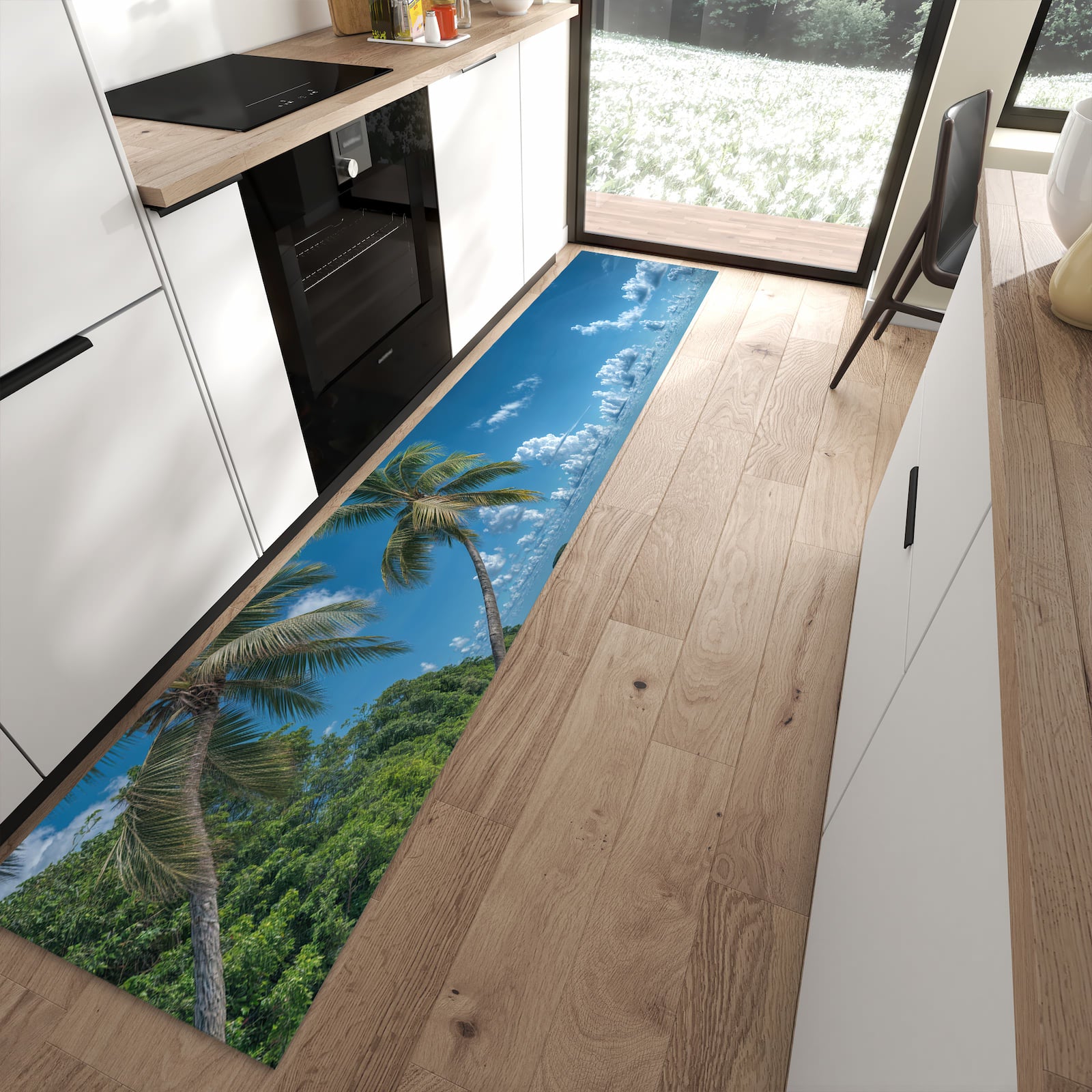 Rutschfester Küchenteppich mit Motiv Strandurlaub für Trittkomfort in moderner Küche