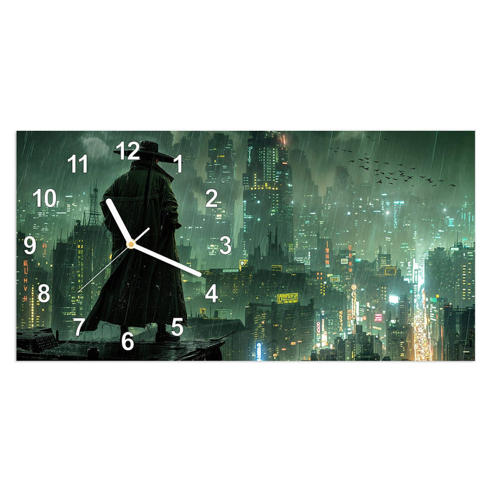 Wanduhr Stadt in Regen aus Glas – Querformat 60 × 30 cm mit Ziffernblatt Modern