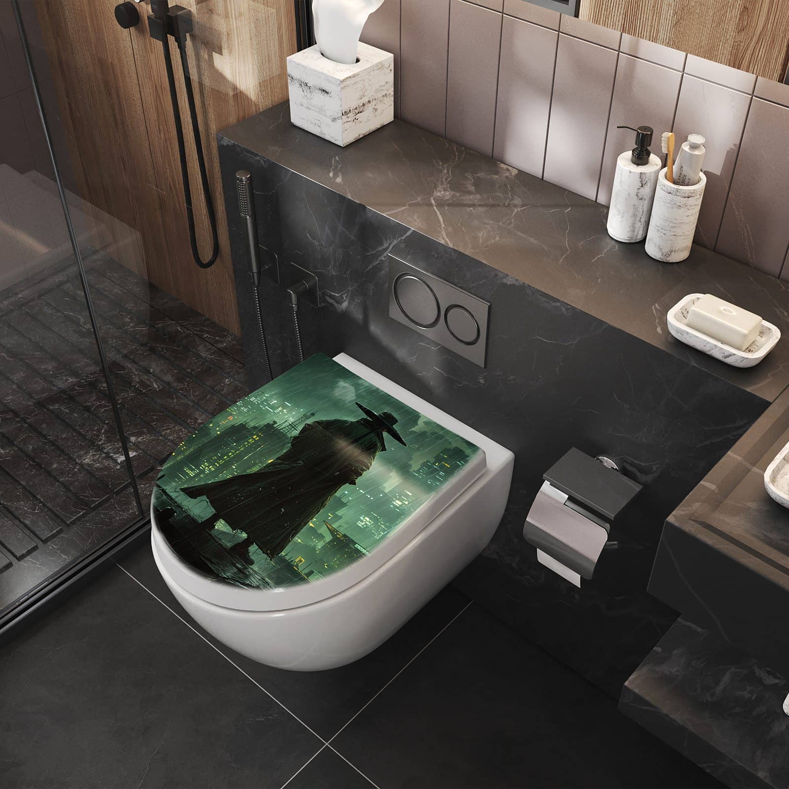 WC-Sitz mit Absenkautomatik Stadt in Regen