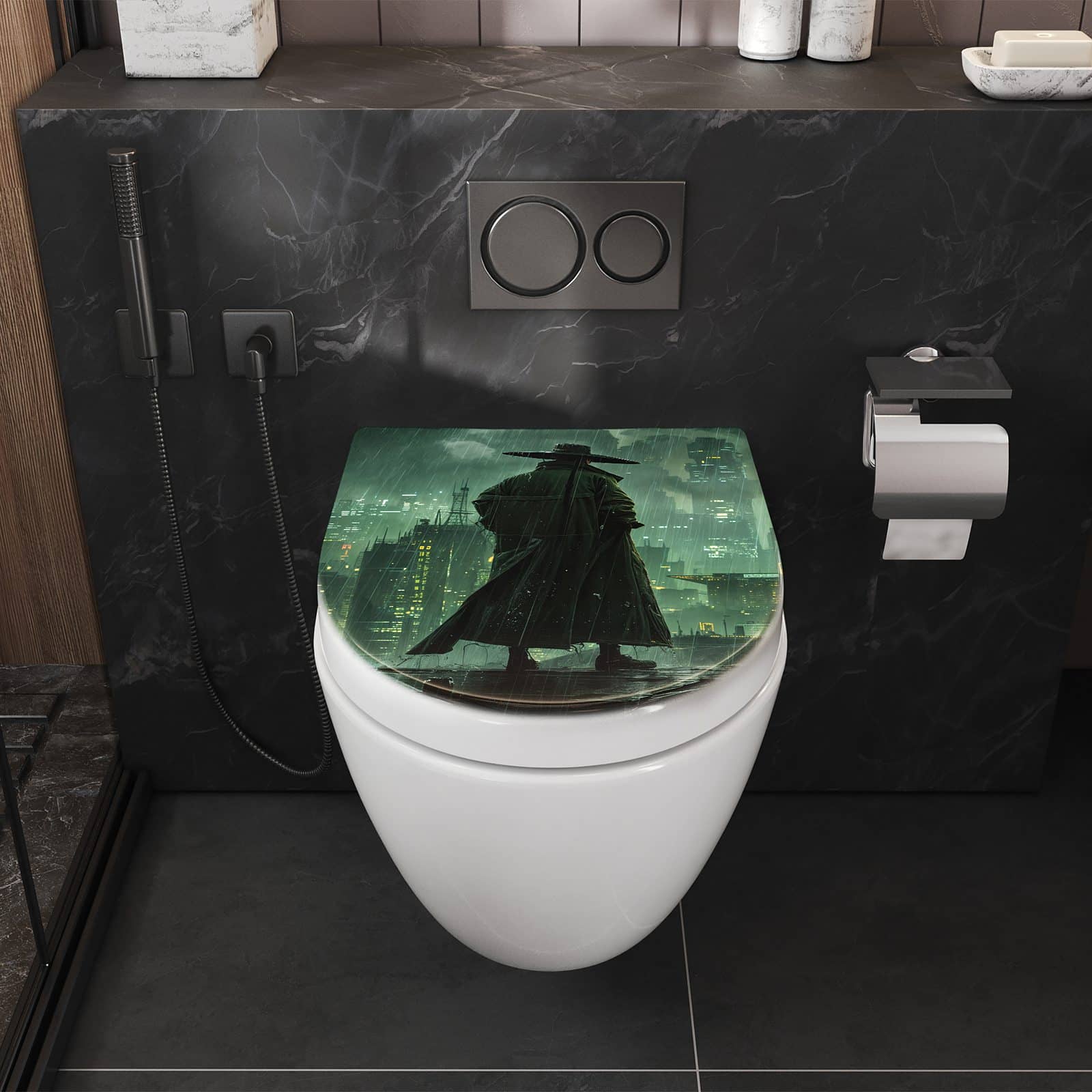 WC-Sitz mit Absenkautomatik Stadt in Regen