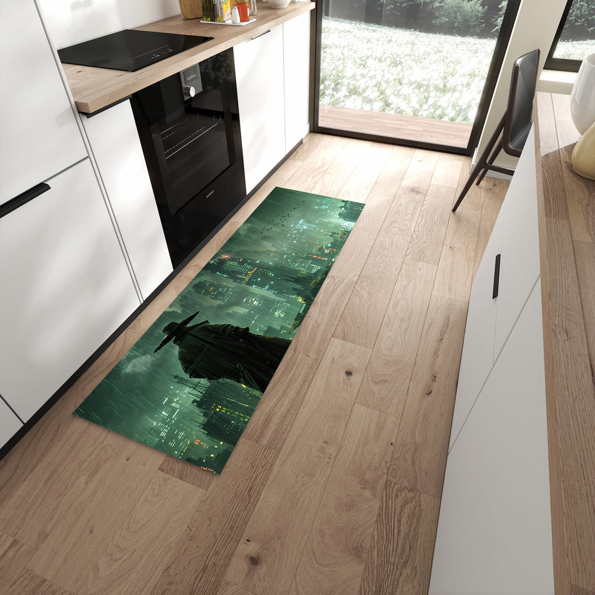 Hygienischer Küchenteppich mit Motiv Stadt in Regen in moderner Küche