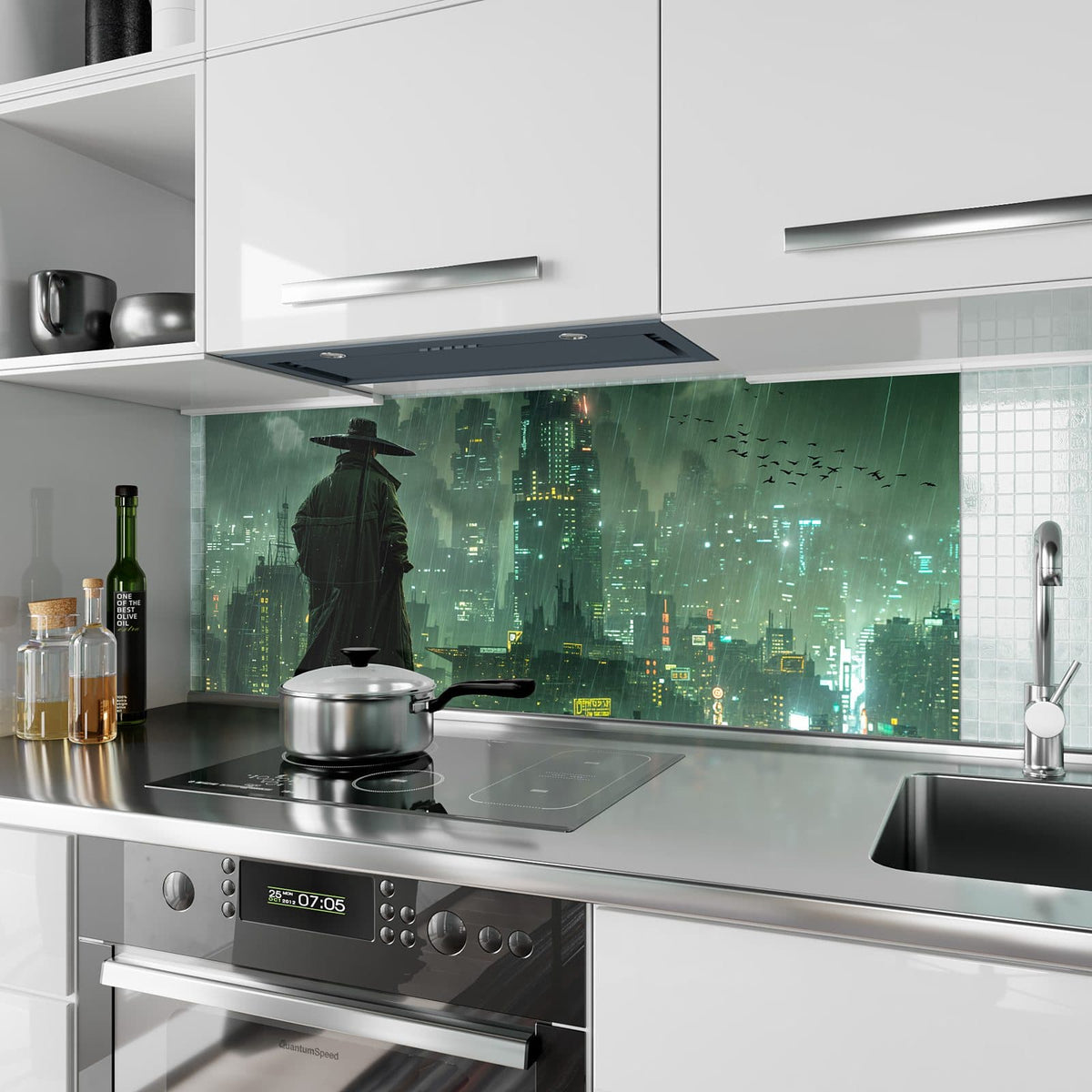 Küchenrückwand aus Glas Mann auf der Dachkante im Hochformat als Spritzschutz hinter dem Kochfeld, über dem Fliesenspiegel montiert