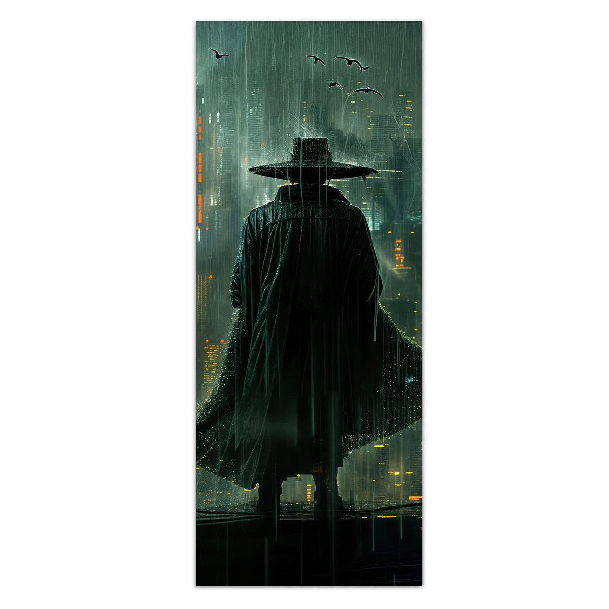Wandbild - Mann mit Hut im Regen - Hochformat – Mantelträger vor verregneter Neonstadt