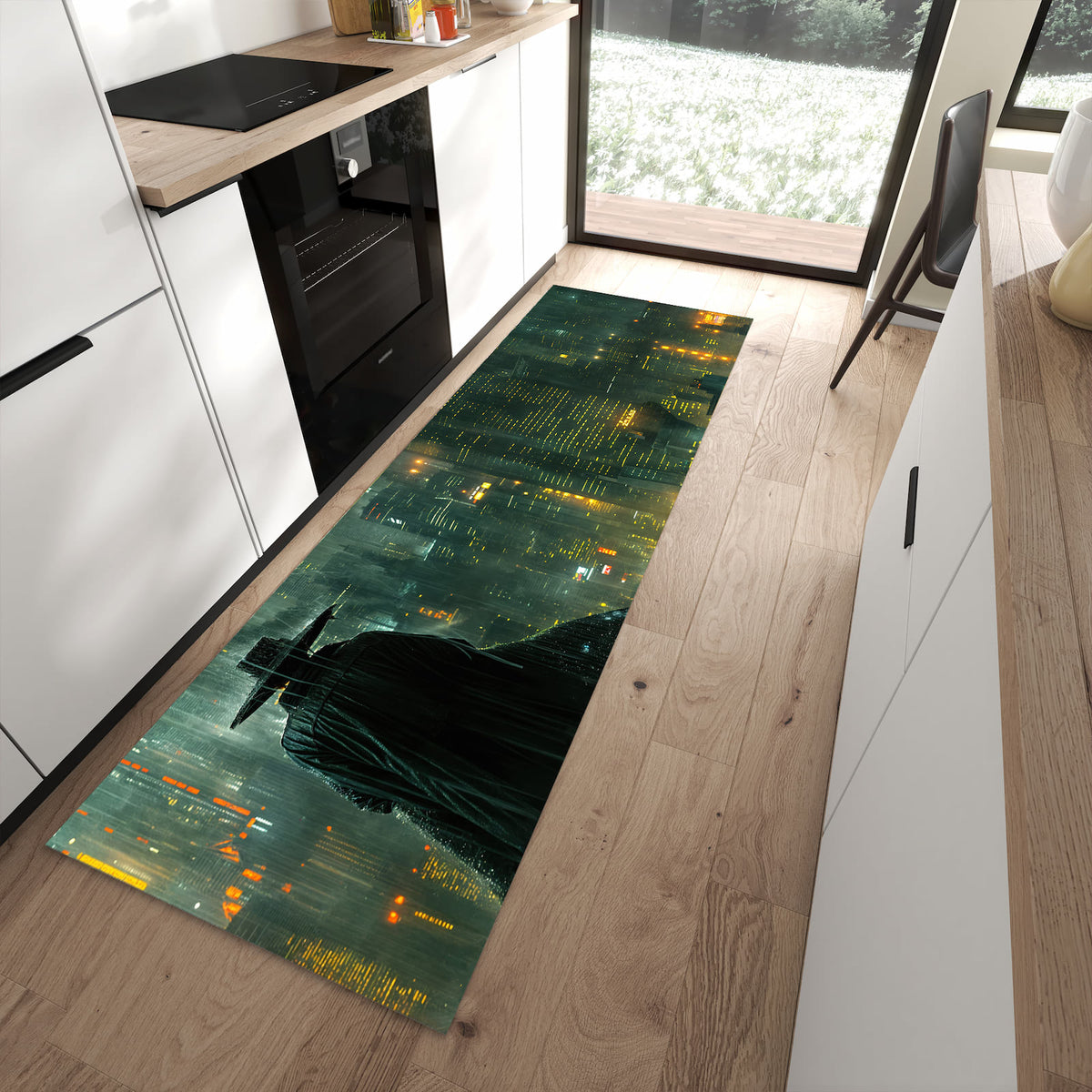 Langlebiger Küchenläufer mit Motiv Regenmantel Stadt in moderner Küche