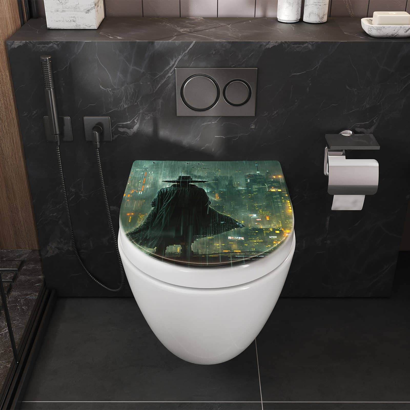 WC-Sitz mit Absenkautomatik Regenmantel Stadt