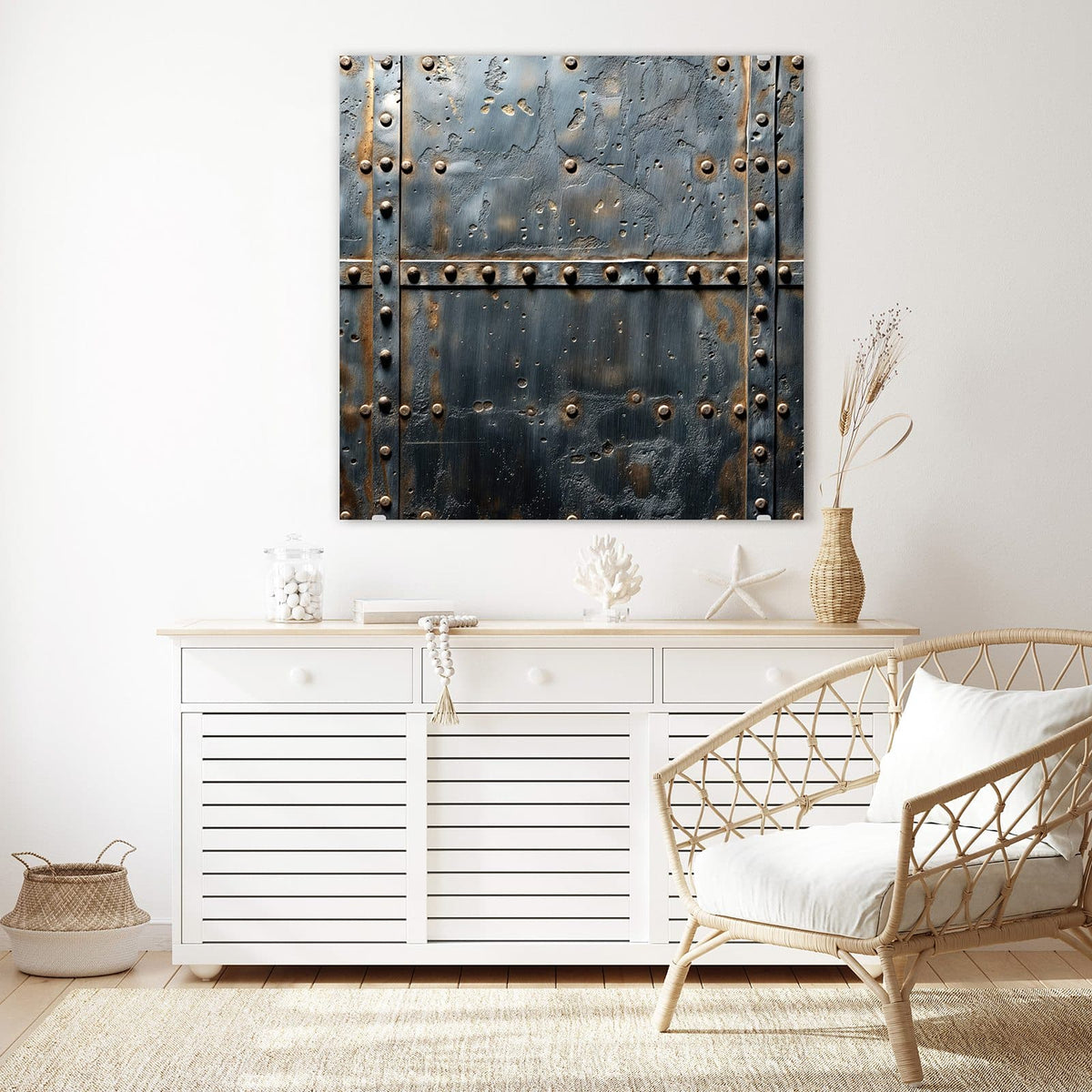 Glasbild Stahl mit Nieten an der Wand – Dunkle Stahlplatten mit umlaufenden Nietreihen und Rostspuren an den Kanten