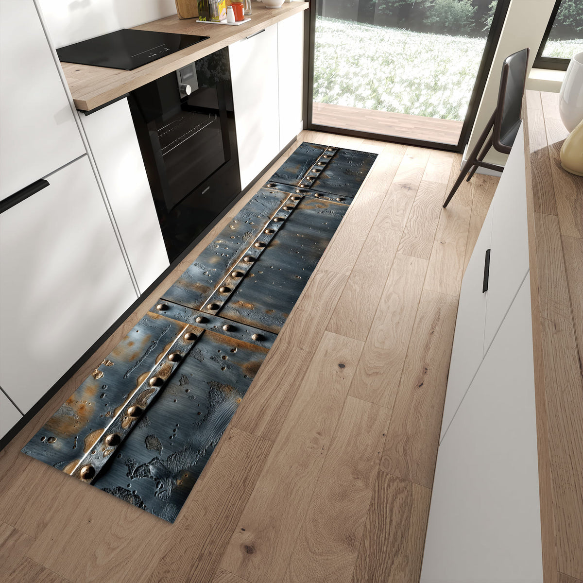 Rutschfester großer Küchenteppich mit Motiv Metalltür Design in moderner Küche