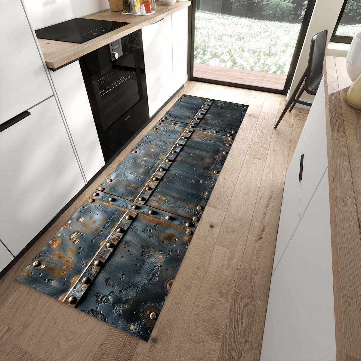 Bodenschonender Küchenläufer mit Motiv Metalltür Design in moderner Küche
