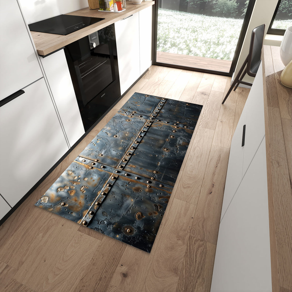 Rutschfester Küchenläufer mit Motiv Metalltür Design für sicheren Stand in moderner Küche