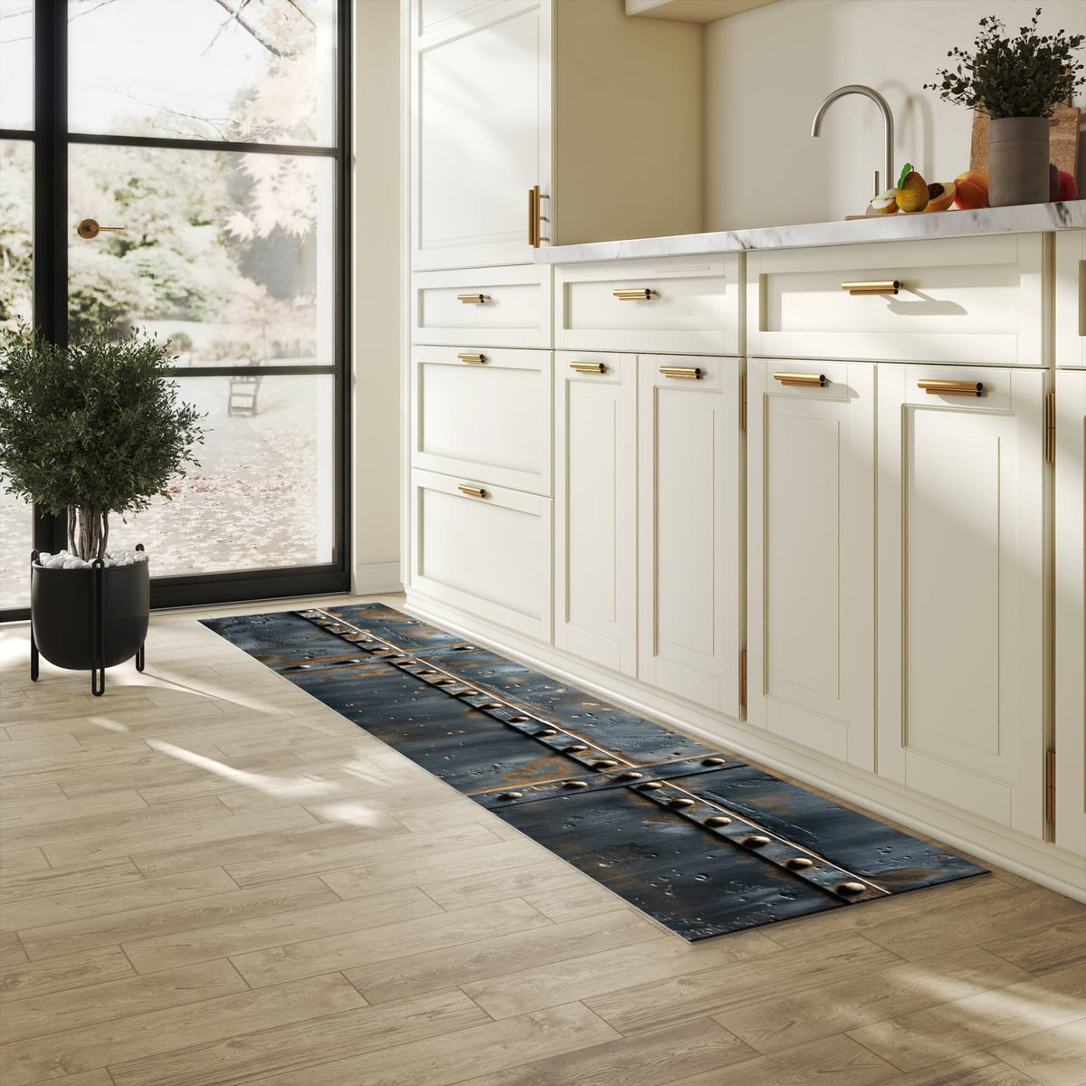 Zeitsparender großer Küchenteppich mit Motiv Metalltür Design in heller Küche