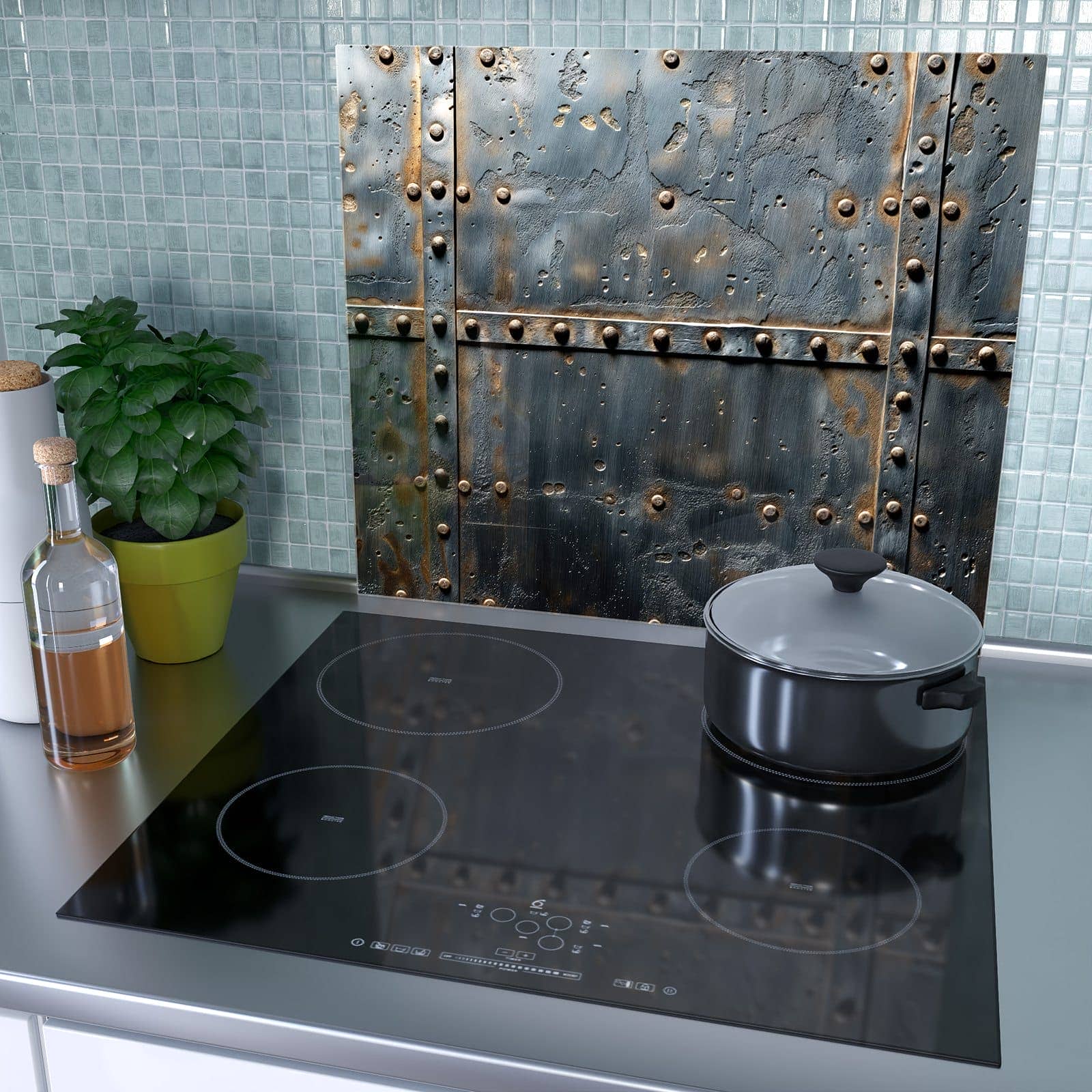 1-teilige Abdeckplatte für Ceranfeld mit Metalltür Design-Motiv als Spritzschutz hinter dem Kochfeld