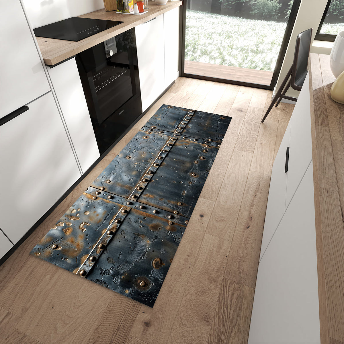 Küchenteppich mit Motiv Metalltür Design für Ordnung in moderner Küche