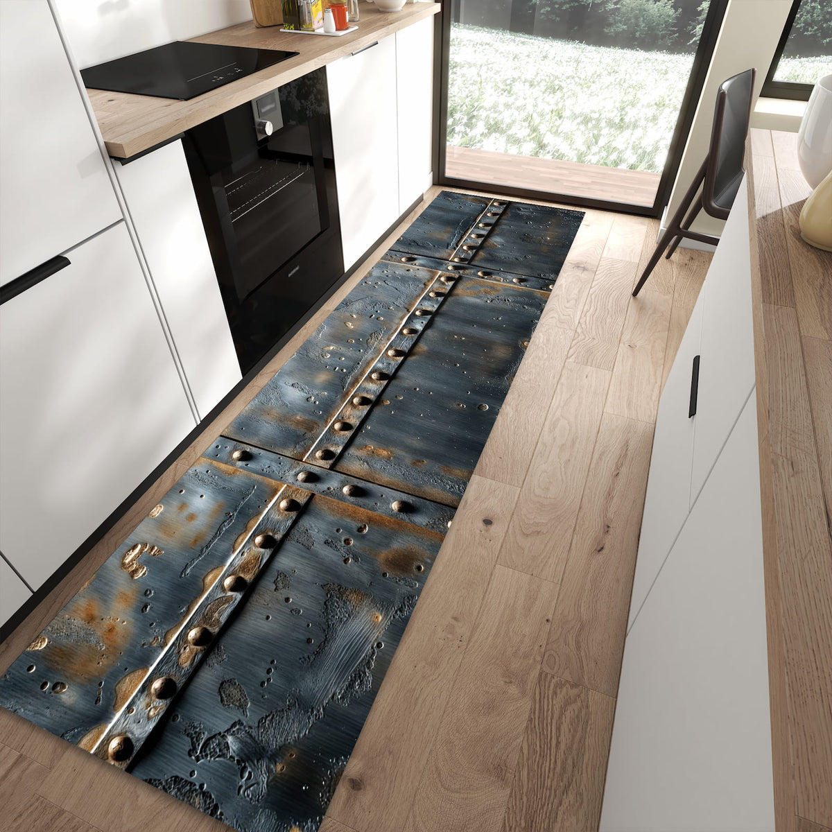 Formstabiler rutschfester Küchenläufer mit Motiv Metalltür Design in moderner Küche