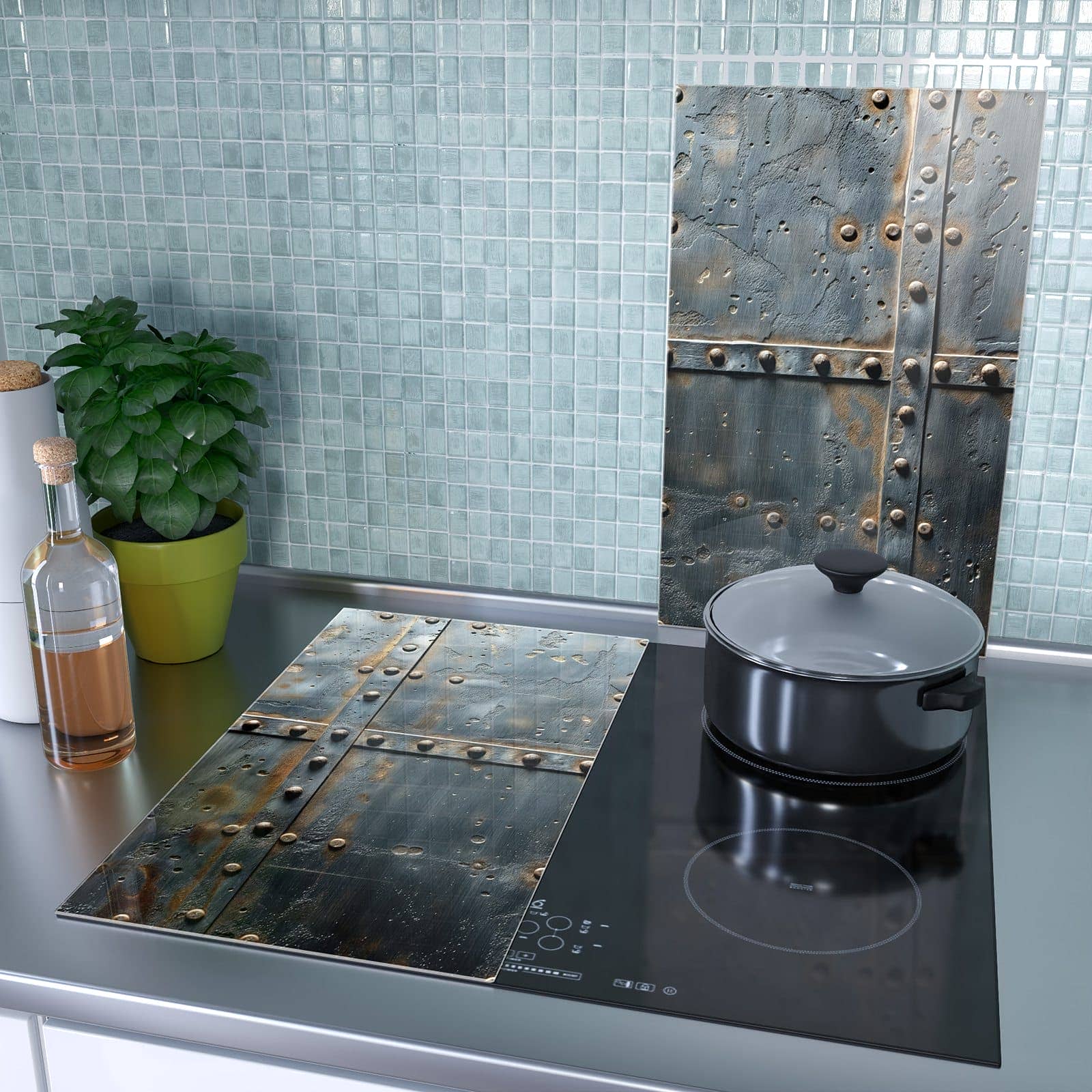 2-teilige Herdabdeckplatte Induktion mit Metalltür Design-Motiv als Spritzschutz hinter dem Kochfeld