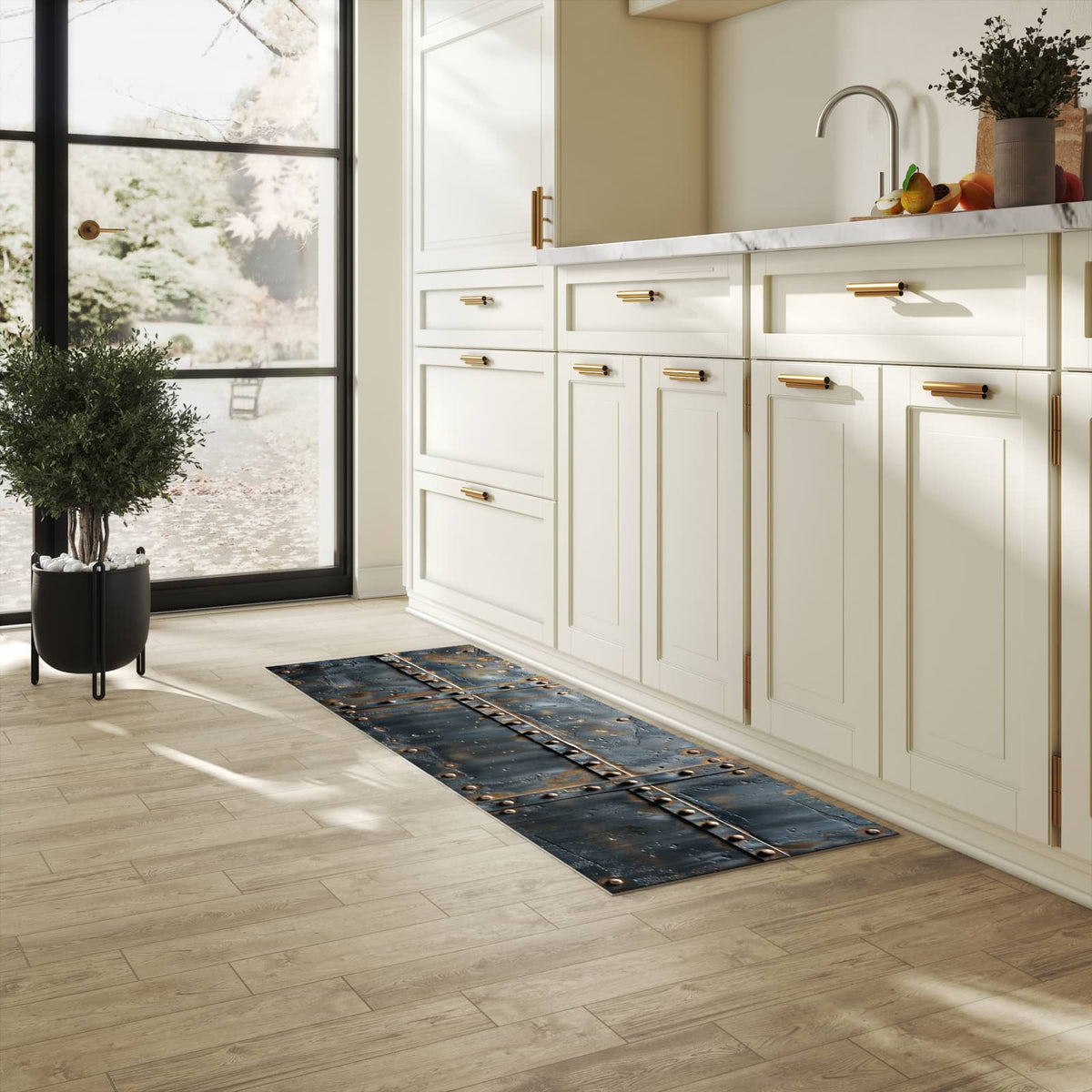 Formstabiler waschbarer Küchenteppich mit Motiv Metalltür Design in heller Küche