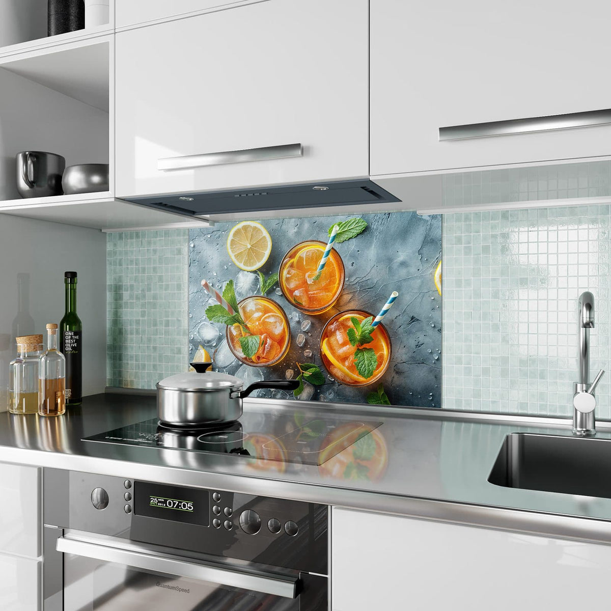 Küchenrückwand aus Glas Drei Drinks mit Zitrone im Hochformat als Spritzschutz hinter dem Kochfeld, über dem Fliesenspiegel montiert