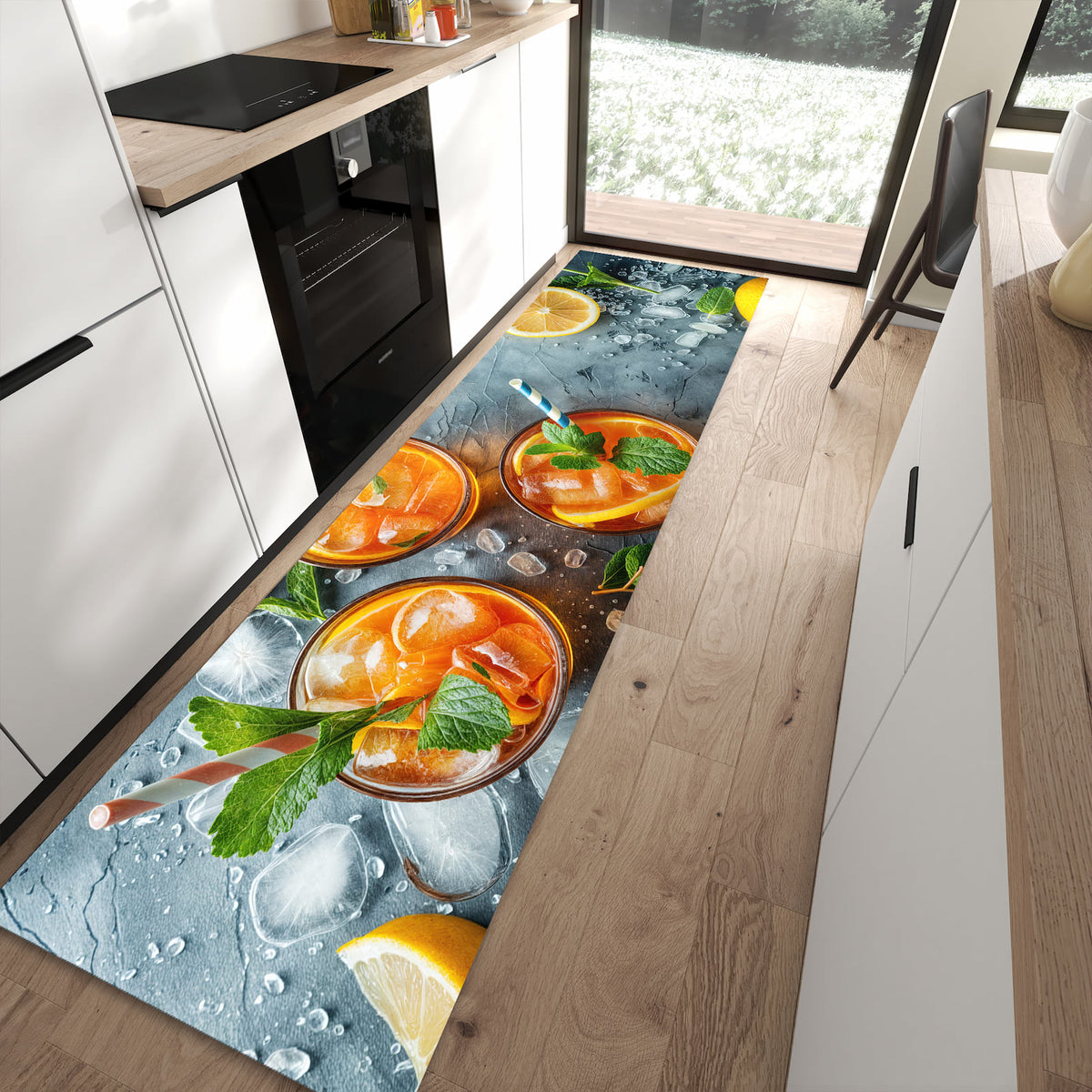 Rutschfester Küchenteppich mit Motiv Sommerlicher Drink in moderner Küche